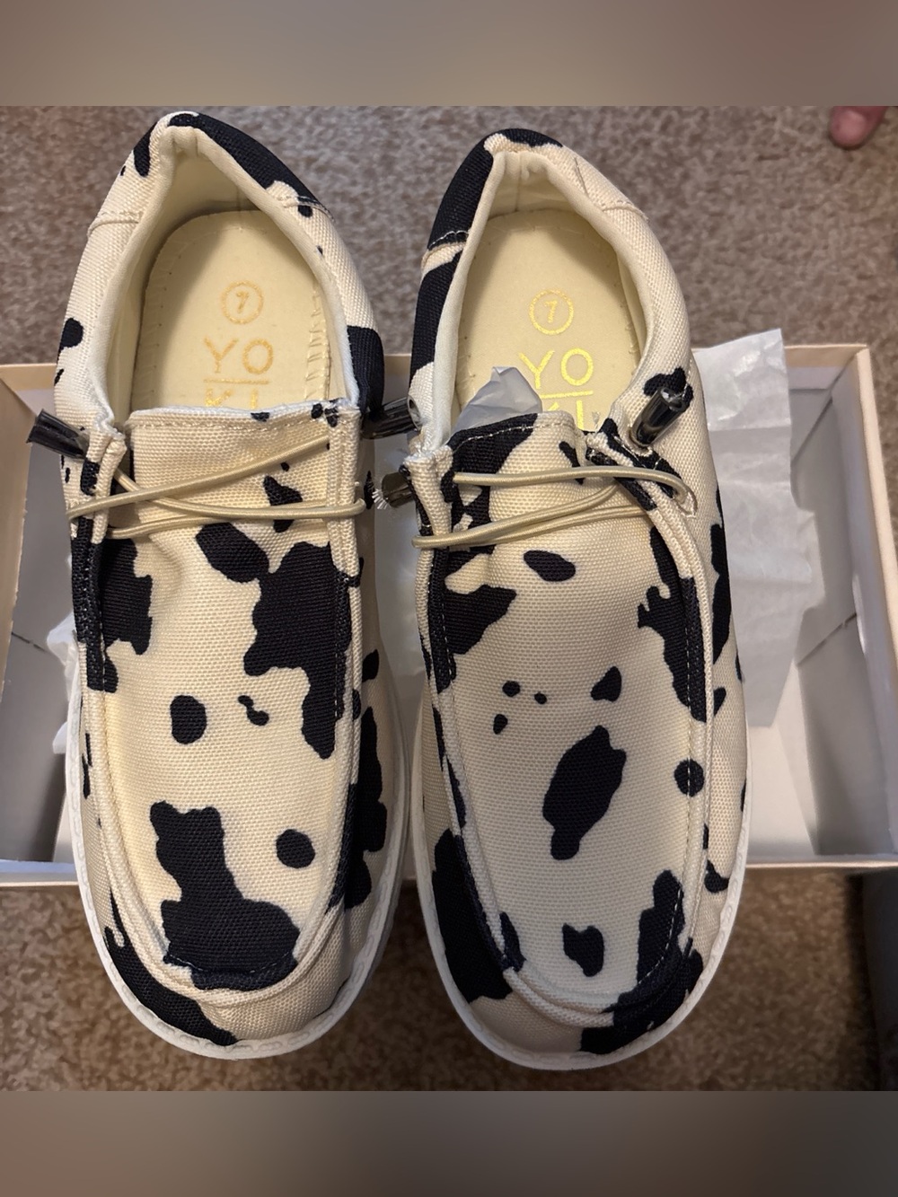 Yoki Woman’s Slip-On Sneakers in Cream and Black Cow Print